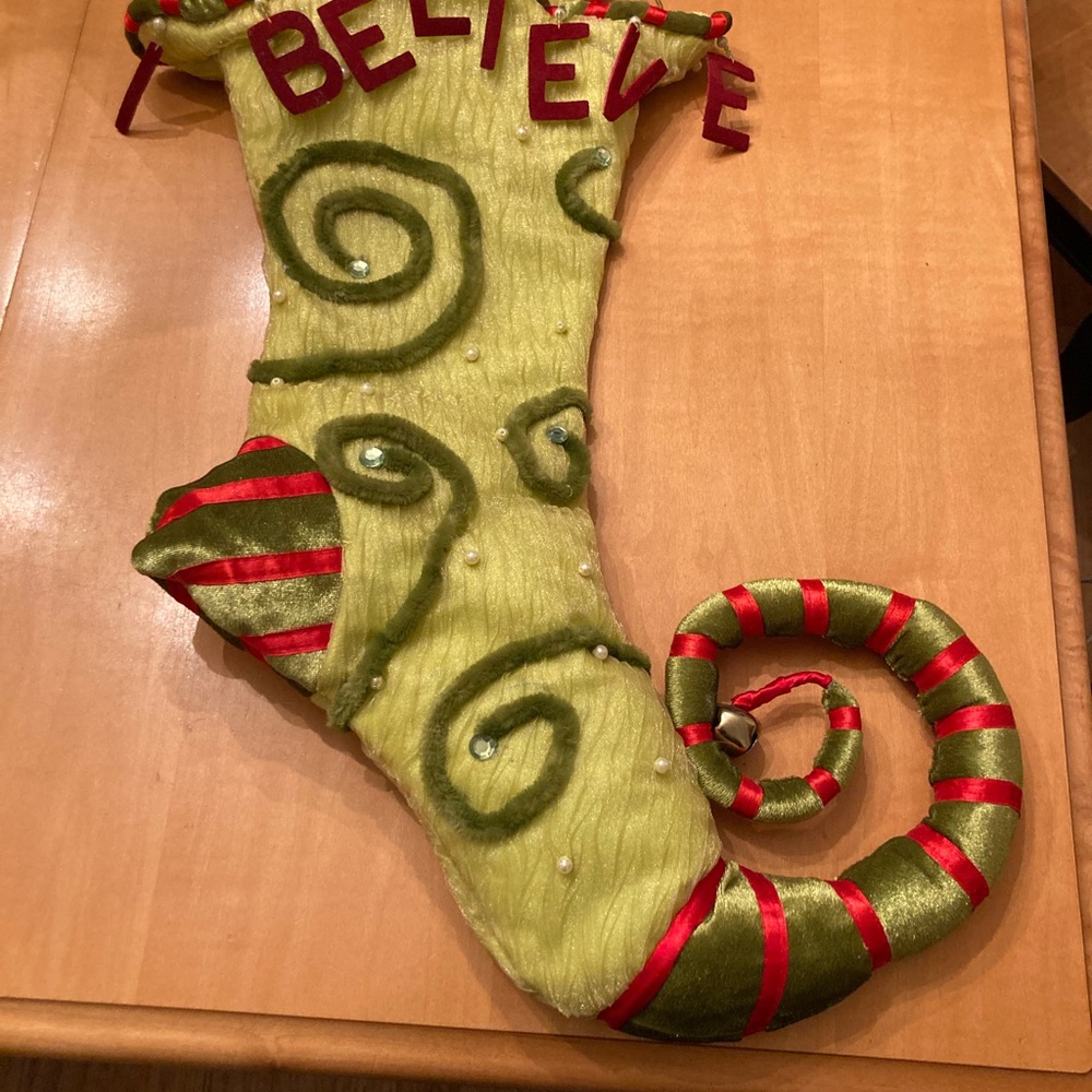 Patience Brewster Dept 56 Krinkles “Believe” Elf Shoe Stocking Curled Toe